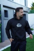 Erkek Kapüşonlu Kanguru Cepli Sweatshirt 3 İplik Pamuklu Baskılı Hoodie - Siyah