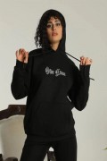 Kadın Oversize Kapüşonlu Cepli Baskılı 3 İplik Pamuklu Hoodie Sweatshirt -  Siyah
