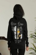 Kadın Oversize Kapüşonlu Cepli Baskılı 3 İplik Pamuklu Hoodie Sweatshirt -  Siyah