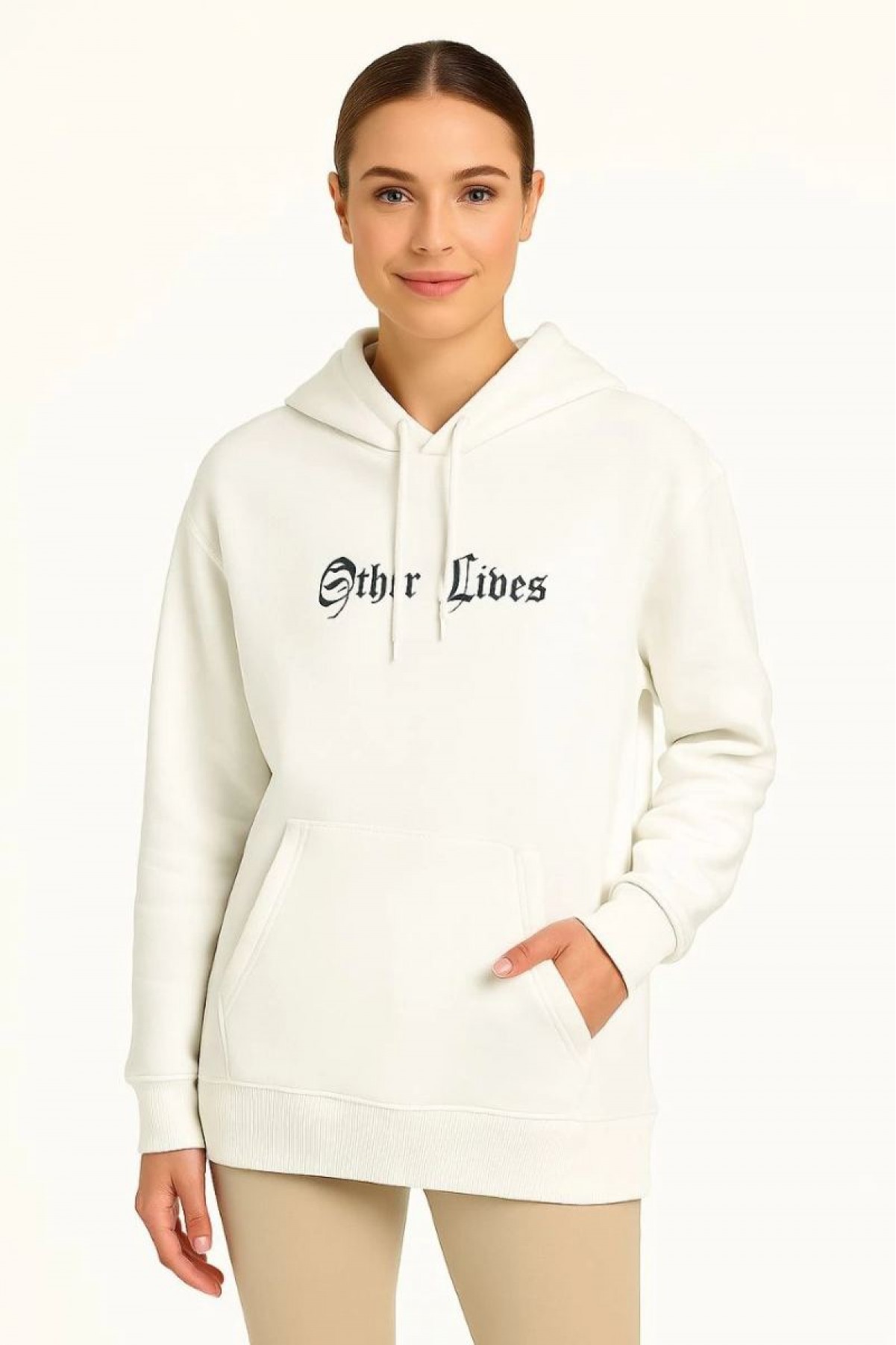 Kadın Kapüşonlu Kanguru Cepli Sweatshirt 3 İplik Pamuklu Baskılı Hoodie - Beyaz