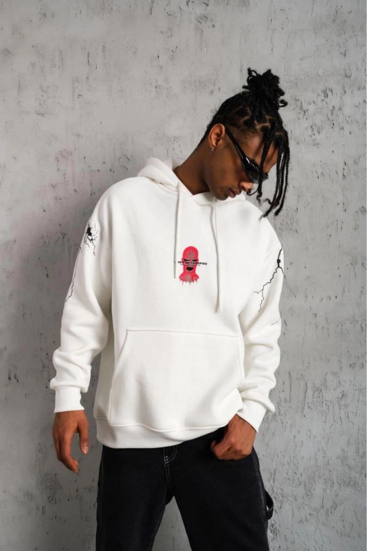 Erkek Kapüşonlu Kanguru Cepli Sweatshirt 3 İplik Pamuklu Baskılı Hoodie -  Beyaz
