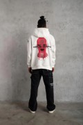 Erkek Kapüşonlu Kanguru Cepli Sweatshirt 3 İplik Pamuklu Baskılı Hoodie -  Beyaz