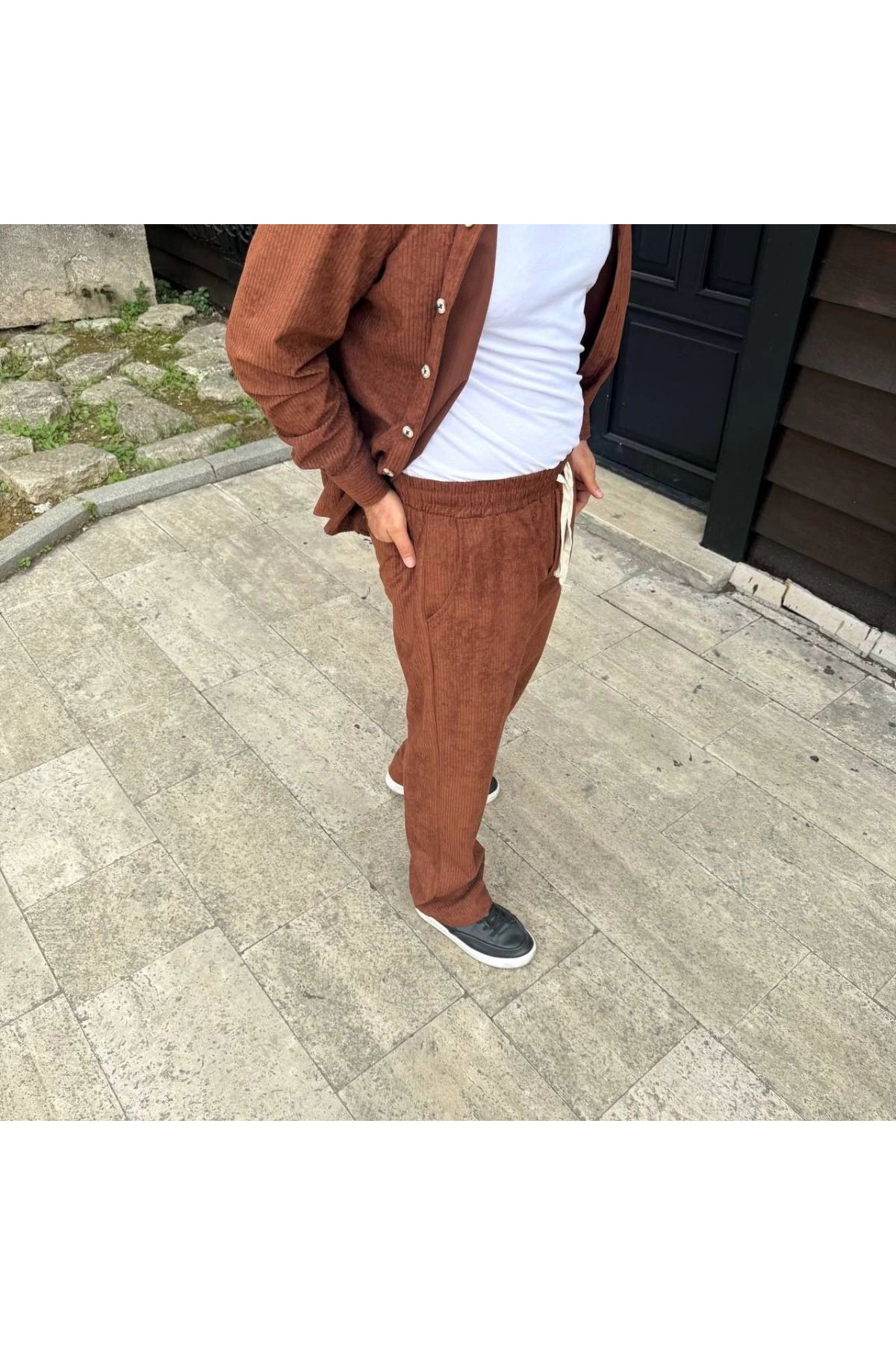 Erkek Fitilli Kadife Cepli Buggy Pantolon Oversize Rahat Kalıp - Kahverengi