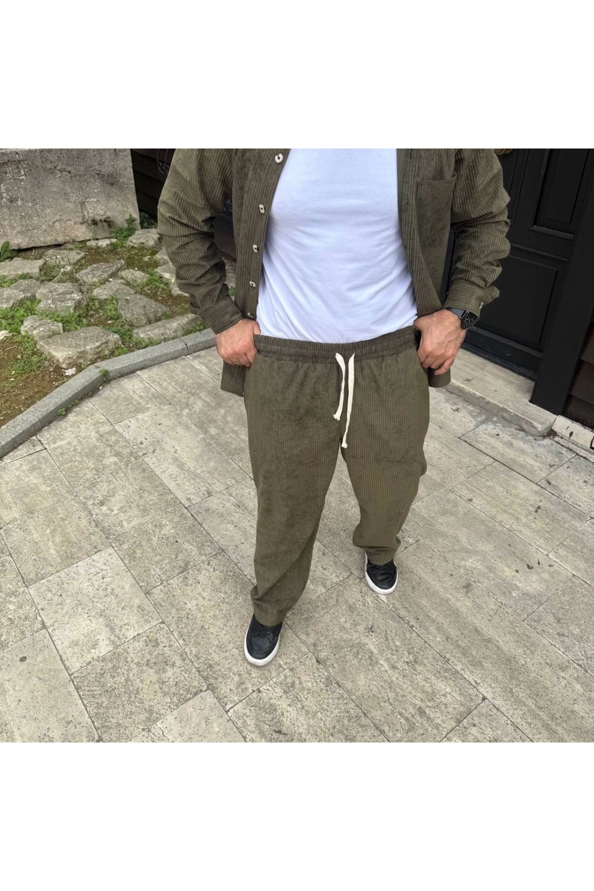 Erkek Fitilli Kadife Cepli Buggy Pantolon Oversize Rahat Kalıp - Haki