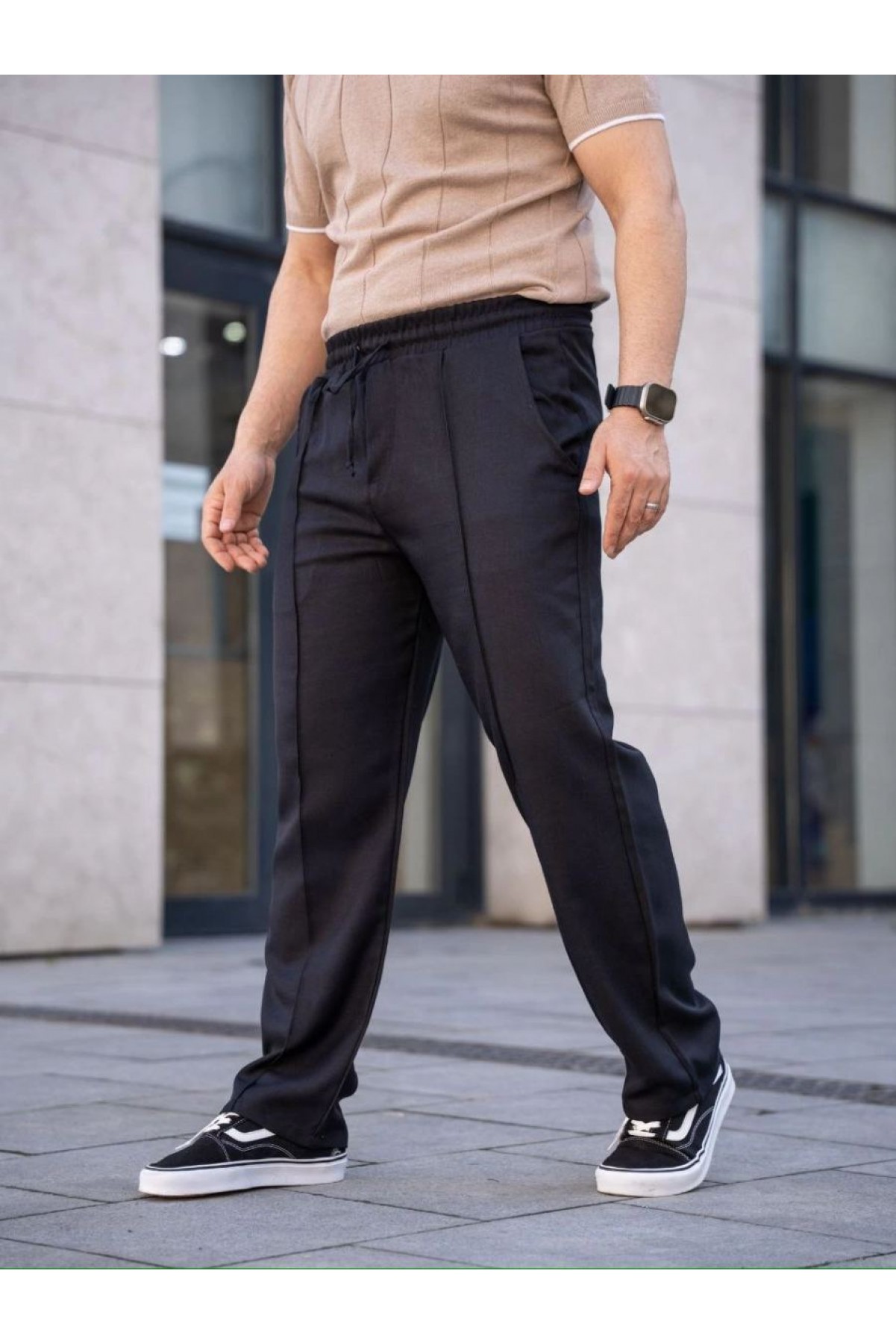 Erkek Keten Cepli Çıma Dikişli jogger Buggy Pantalon Rahat kalıp - Siyah