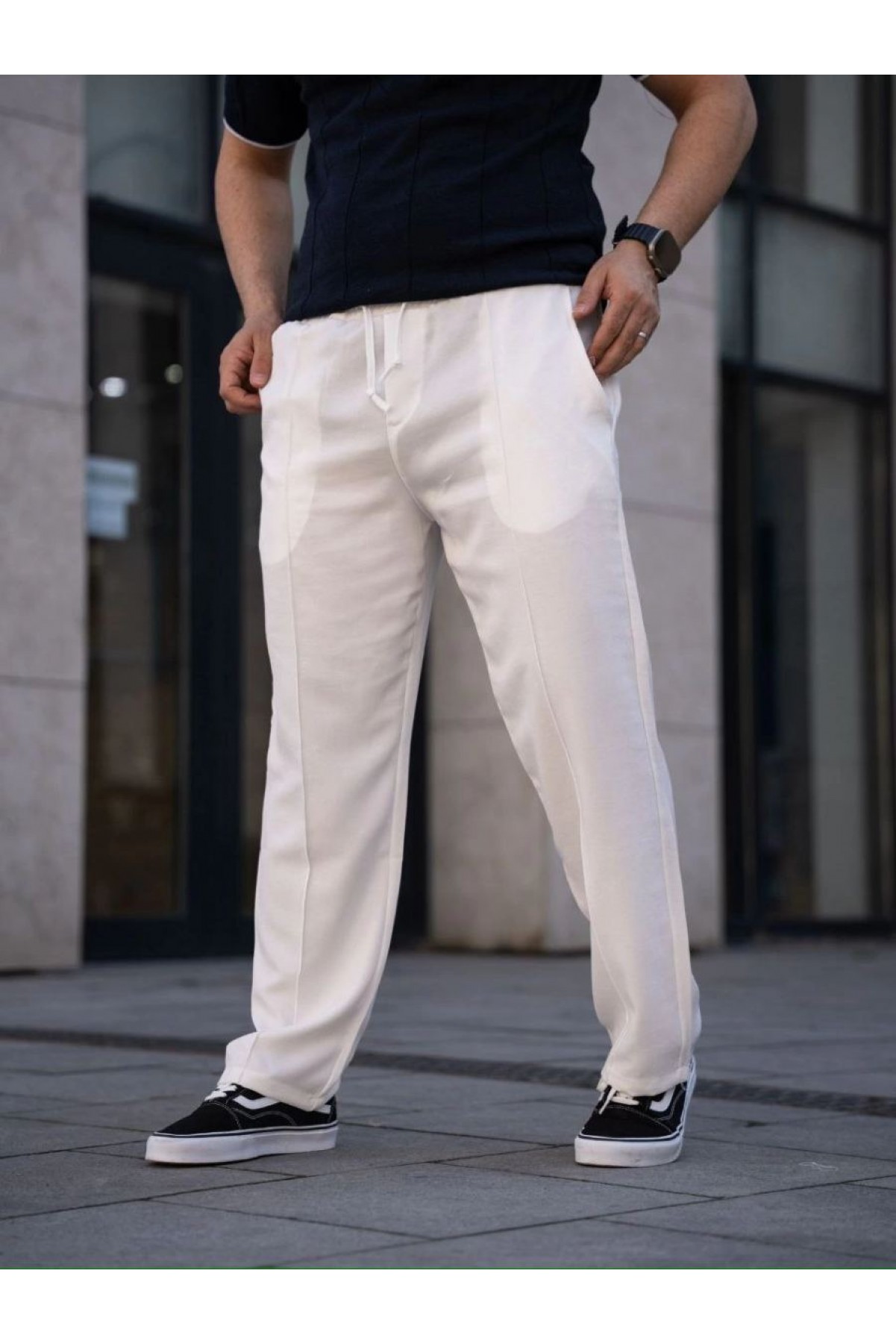 Erkek Keten Cepli Çıma Dikişli jogger Buggy Pantalon Rahat kalıp - Beyaz