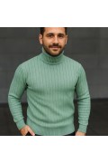 Erkek Tam Boğazlı Balıkçı Yaka Triko Kazak Kalın Fitilli - Mint Yeşili