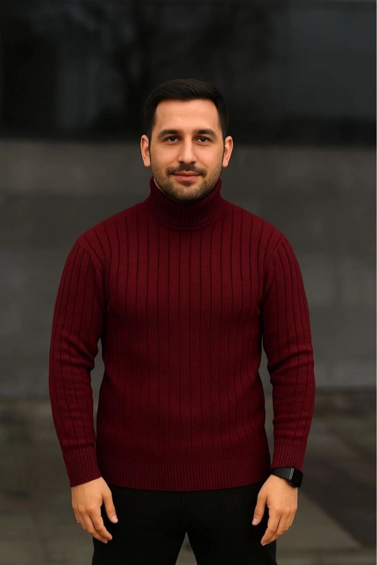 Erkek Tam Boğazlı Balıkçı Yaka Triko Kazak Kalın Fitilli - Bordo