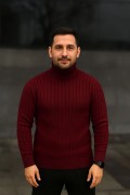 Erkek Tam Boğazlı Balıkçı Yaka Triko Kazak Kalın Fitilli - Bordo