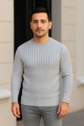 Erkek Bisiklet Yaka Triko Kazak Pamuklu Kalın Fitilli Dokuma Regular Fit - Gri