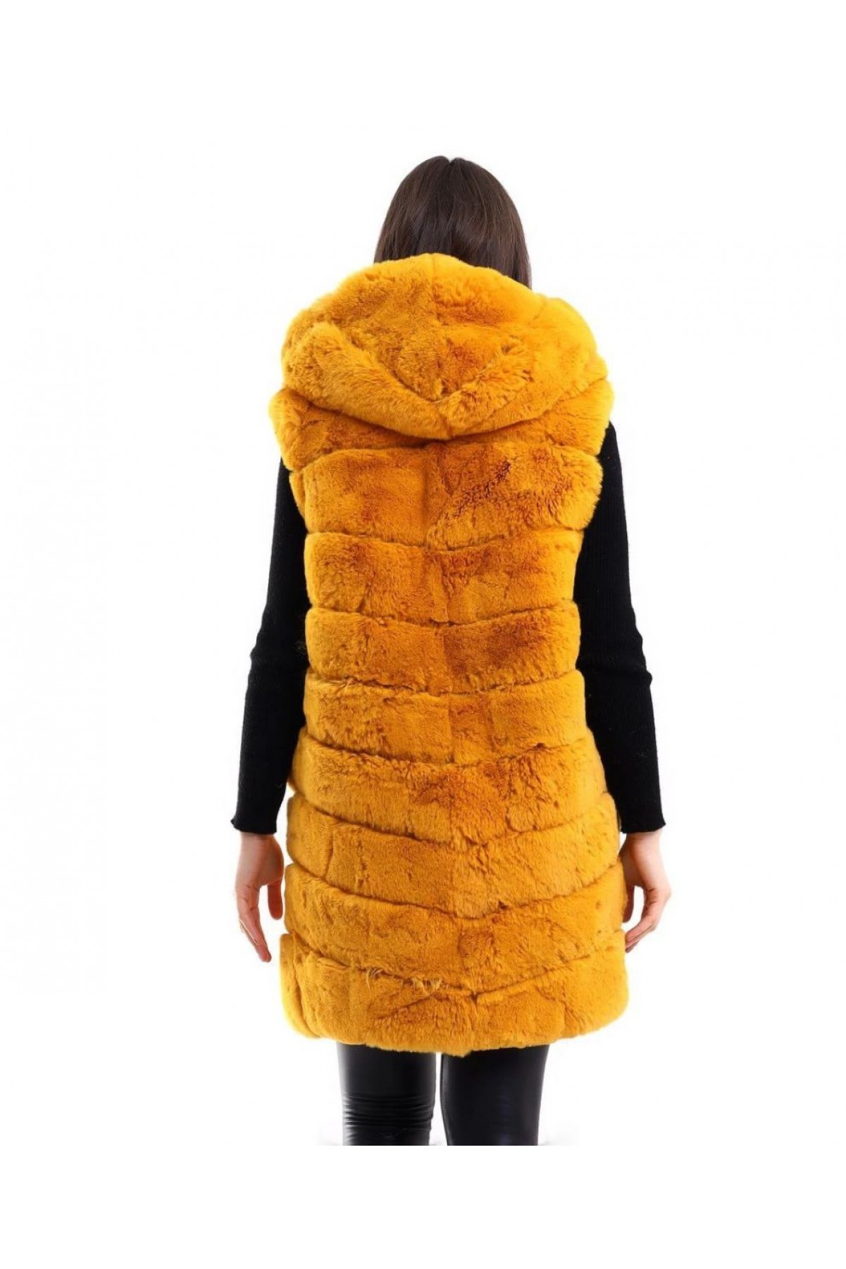 Kadın Kapüşonlu Peluş Kürk Yelek Premium Kalite Tam Astarlı Uzun Model - Sarı