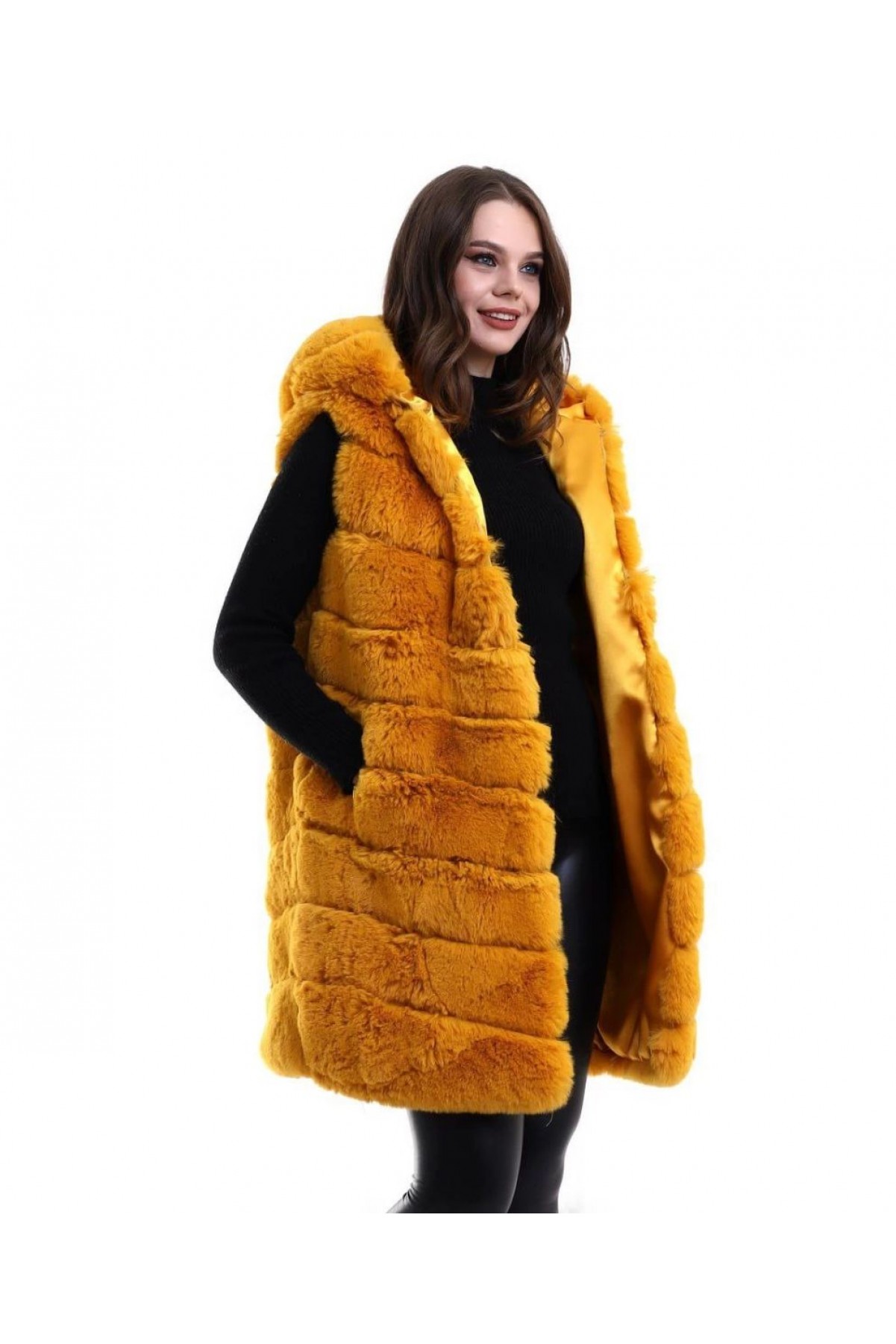 Kadın Kapüşonlu Peluş Kürk Yelek Premium Kalite Tam Astarlı Uzun Model - Sarı