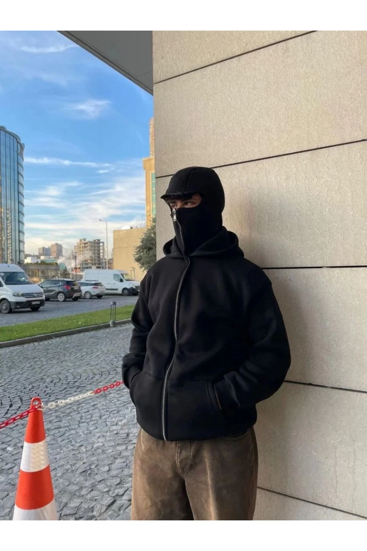 Samuray Ninja Çift Kapşonlu ZIP Fermuarlı Kanguru Çepli Tam Fermuarlı Hoodie Swetshirt - Siyah