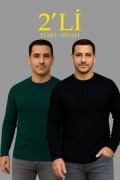 Erkek Fitilli Triko Kazak 2’li Set Siyah Haki Kalın Dokuma Pamuklu Regular Fit Bisiklet