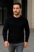 Erkek Fitilli Triko Kazak 2’li Set Siyah Saks Mavisi Kalın Dokuma Pamuklu Regular Fit