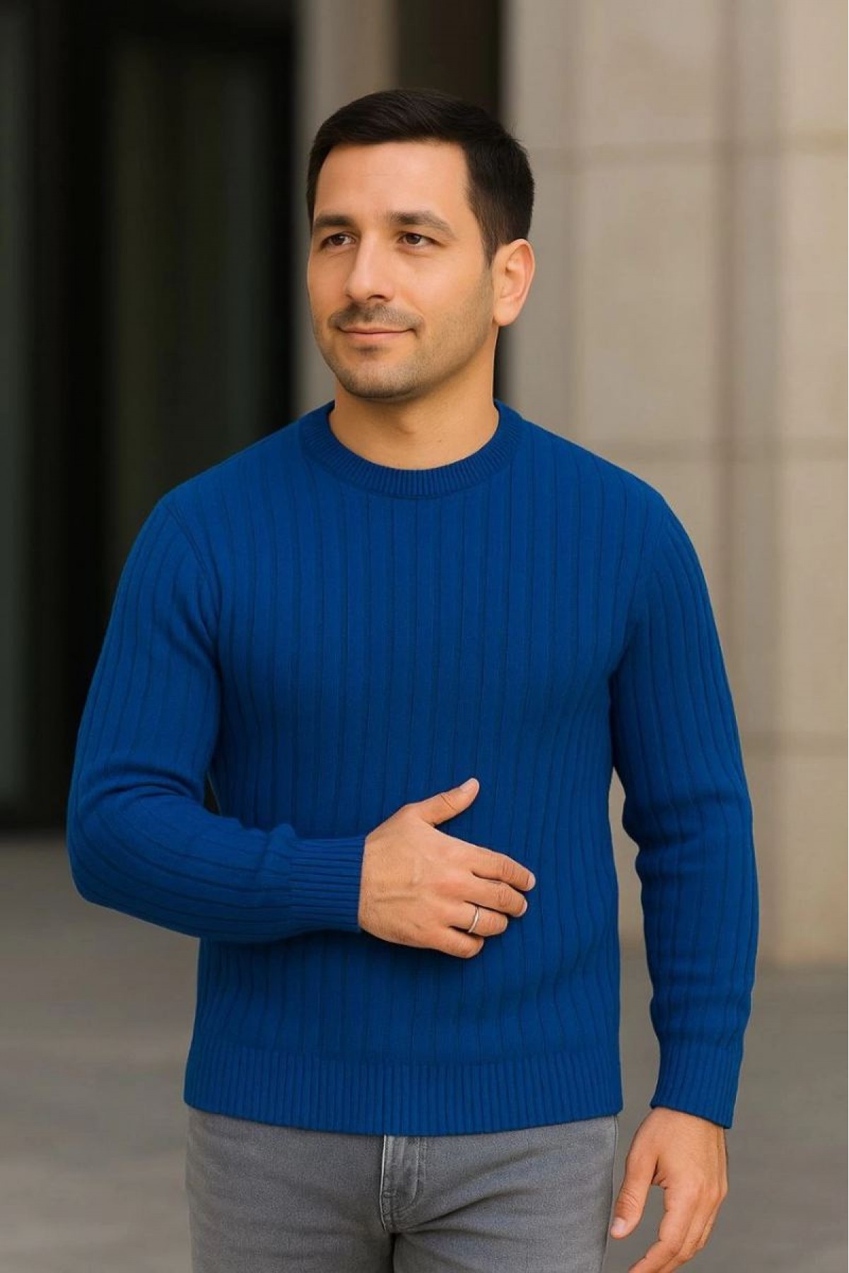 Erkek Fitilli Triko Kazak 2’li Set Siyah Saks Mavisi Kalın Dokuma Pamuklu Regular Fit
