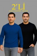 Erkek Fitilli Triko Kazak 2’li Set Siyah Saks Mavisi Kalın Dokuma Pamuklu Regular Fit