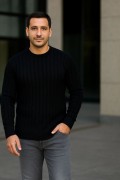 Erkek Fitilli Triko Kazak 2’li Set Siyah Saks Mavisi Kalın Dokuma Pamuklu Regular Fit