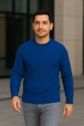 Erkek Fitilli Triko Kazak 2’li Set Siyah Saks Mavisi Kalın Dokuma Pamuklu Regular Fit
