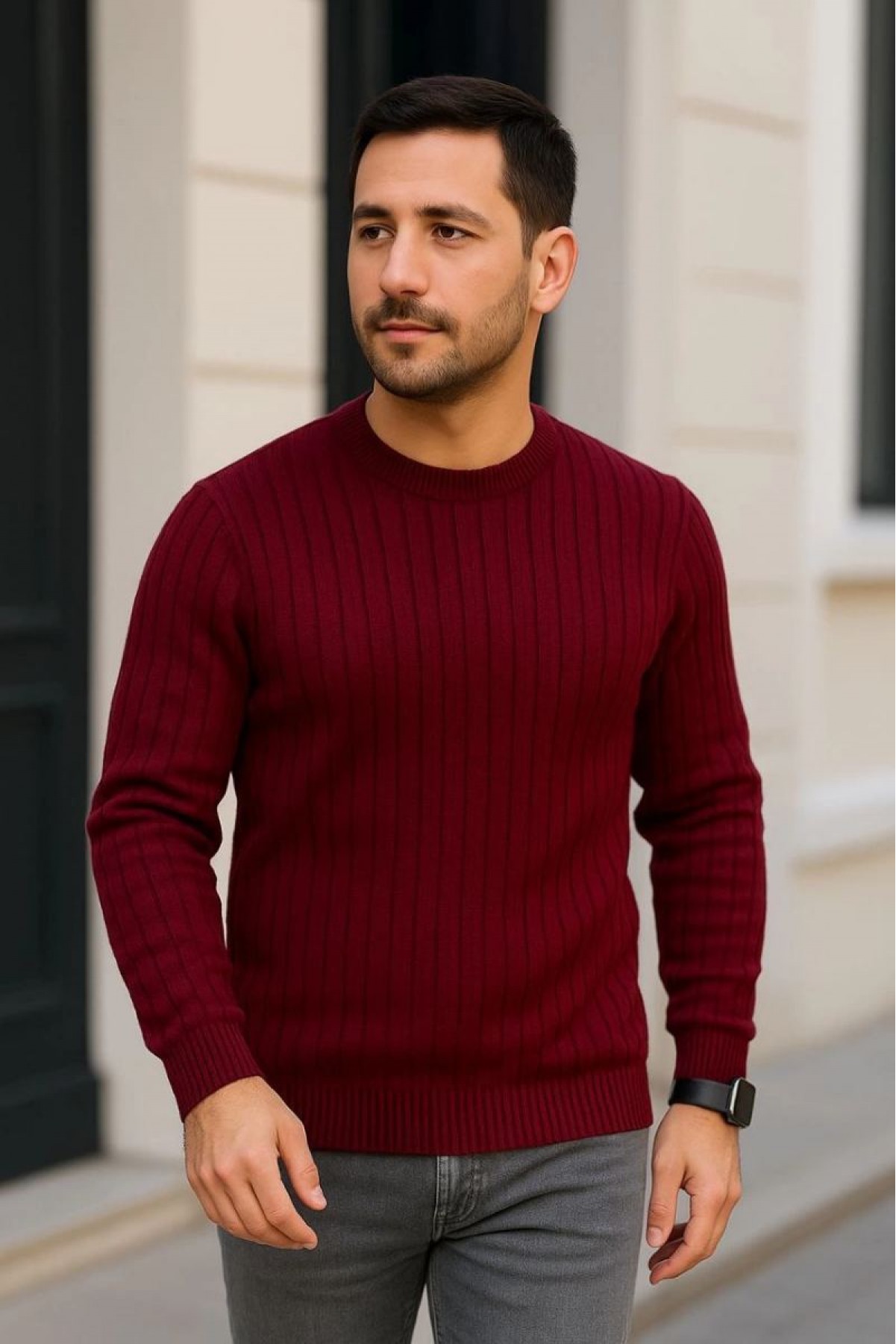 Erkek Fitilli Triko Kazak 2’li Set Siyah Bordo Kalın Dokuma Pamuklu Regular Fit Bisiklet