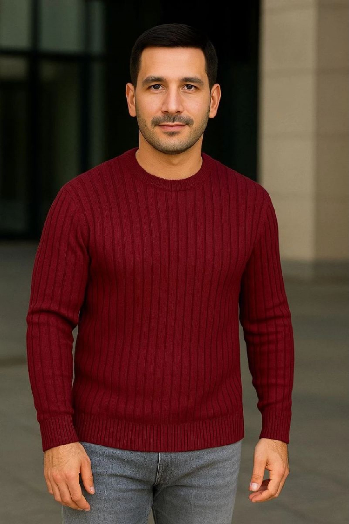 Erkek Fitilli Triko Kazak 2’li Set Siyah Bordo Kalın Dokuma Pamuklu Regular Fit Bisiklet