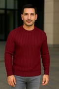 Erkek Fitilli Triko Kazak 2’li Set Siyah Bordo Kalın Dokuma Pamuklu Regular Fit Bisiklet