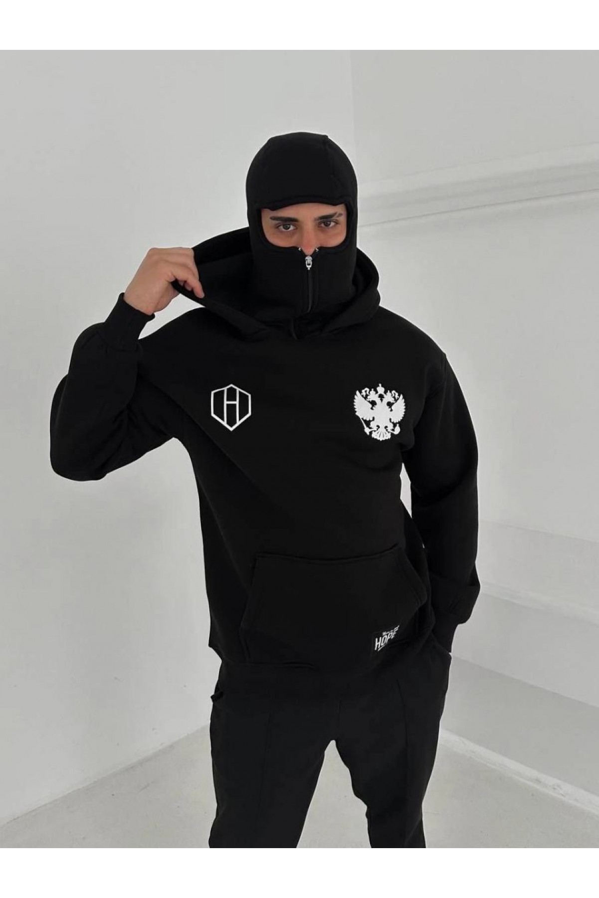 Samuray Ninja Çift Kapşonlu ZIP Fermuarlı Kanguru Çepli Tam Fermuarlı ön Arka - Siyah