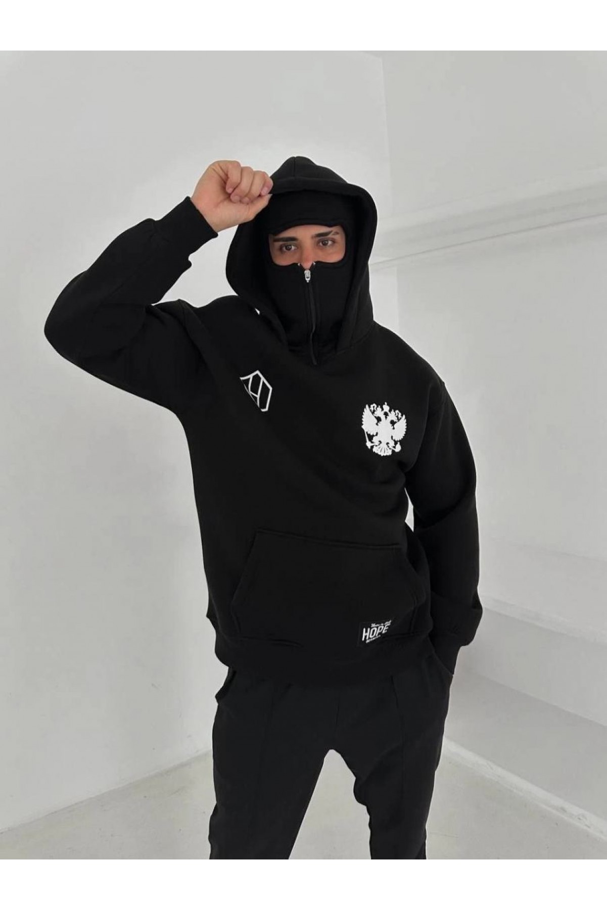 Samuray Ninja Çift Kapşonlu ZIP Fermuarlı Kanguru Çepli Tam Fermuarlı ön Arka - Siyah