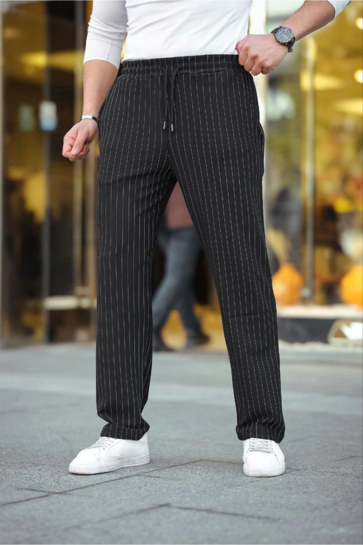 Erkek Cizgili Dokuma Krep Jogger Buggy Pantalon Rahat kalıp - Siyah
