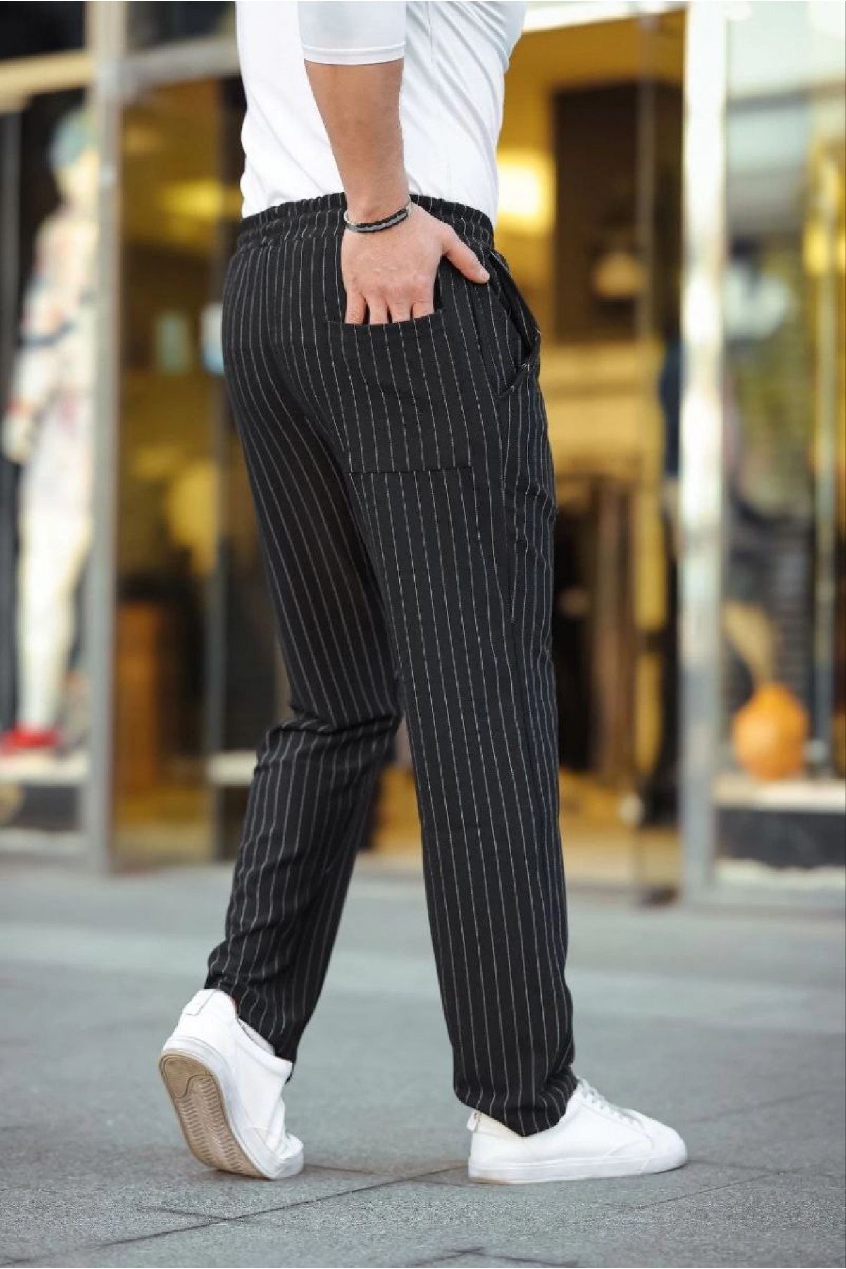 Erkek Cizgili Dokuma Krep Jogger Buggy Pantalon Rahat kalıp - Siyah