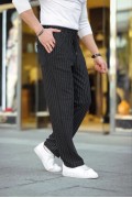 Erkek Cizgili Dokuma Krep Jogger Buggy Pantalon Rahat kalıp - Siyah