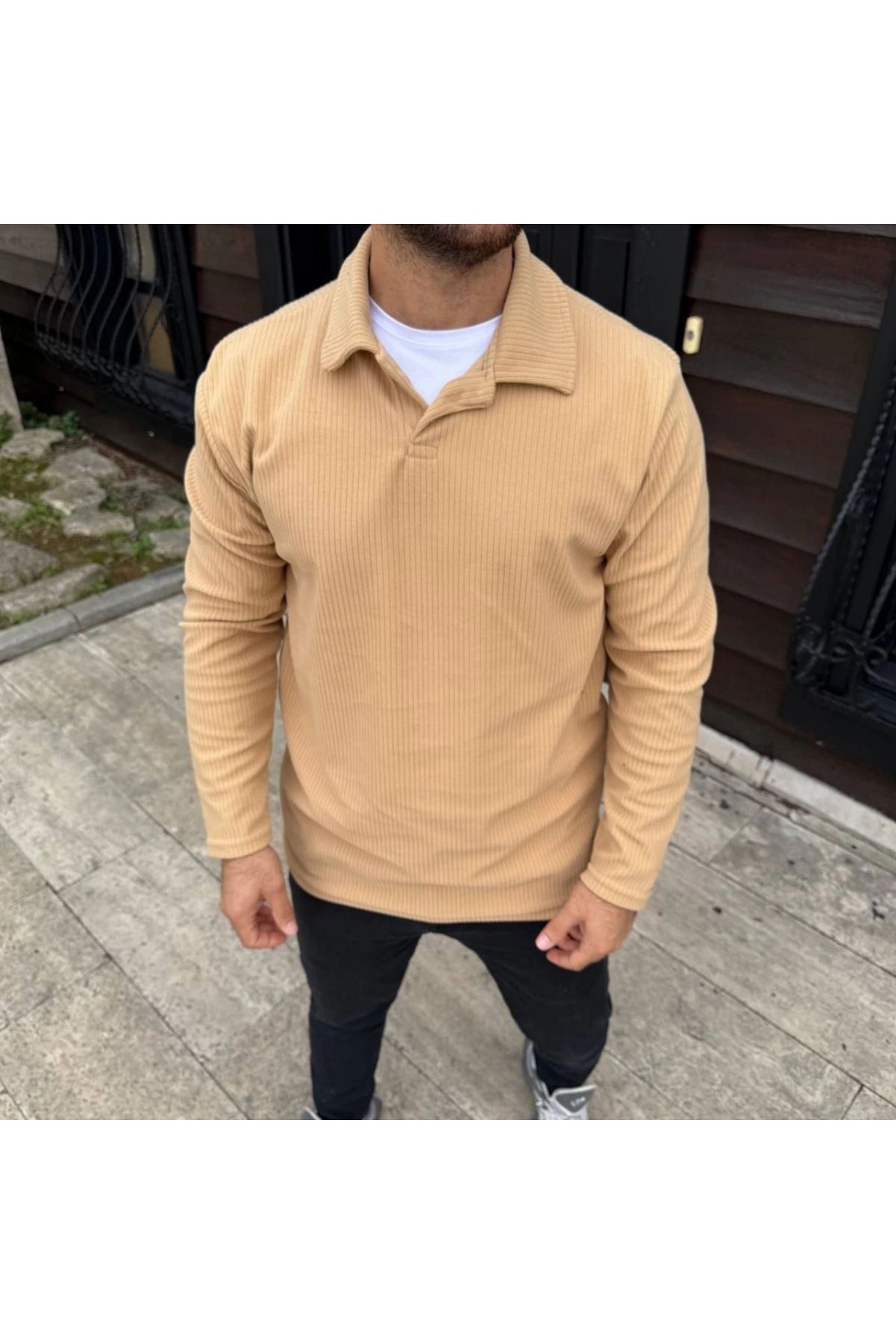 Erkek Fitilli Polar Sweatshirt Düğmesiz Yaka Oversize - Bej