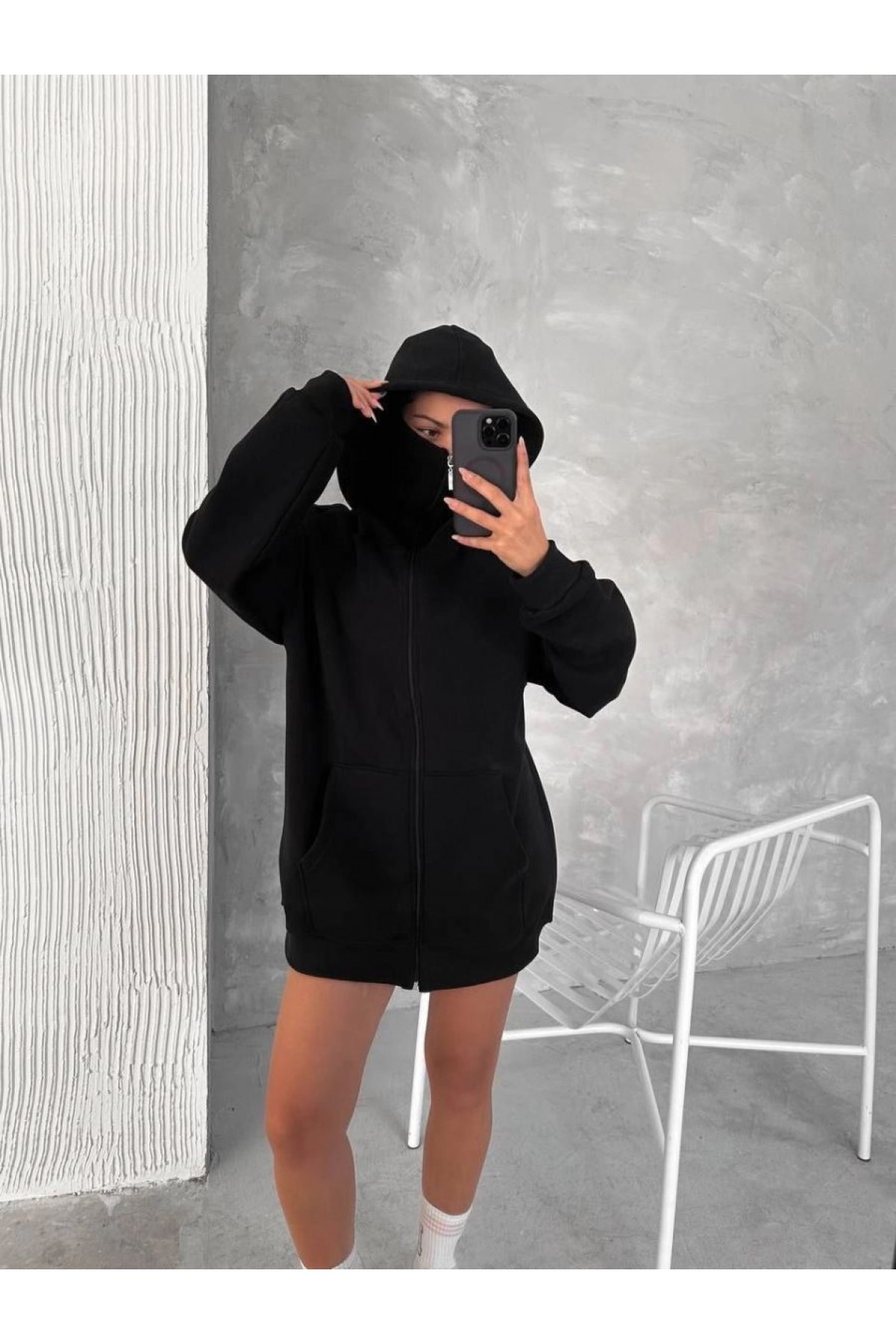 Kadın Samuray Ninja Çift Kapüşonlu Maske Detaylı 3 İplik Hoodie - Siyah