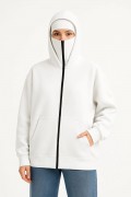 Kadın Samuray Ninja Çift Kapüşonlu Maske Detaylı 3 İplik Hoodie - Beyaz
