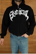 Erkek Kapüşonlu 3 İplik Şardonlu Önü Baskılı Fermuarlı Oversize Sweatshirt - Siyah