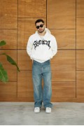 Erkek Kapüşonlu 3 İplik Şardonlu Önü Baskılı Fermuarlı Oversize Sweatshirt - Beyaz