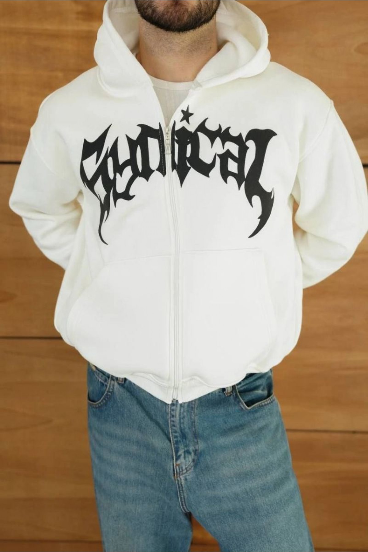 Erkek Kapüşonlu 3 İplik Şardonlu Önü Baskılı Fermuarlı Oversize Sweatshirt - Beyaz