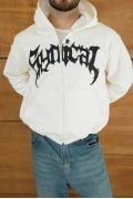Erkek Kapüşonlu 3 İplik Şardonlu Önü Baskılı Fermuarlı Oversize Sweatshirt - Beyaz
