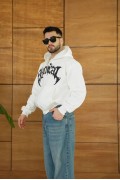 Erkek Kapüşonlu 3 İplik Şardonlu Önü Baskılı Fermuarlı Oversize Sweatshirt - Beyaz