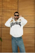 Erkek Kapüşonlu 3 İplik Şardonlu Önü Baskılı Fermuarlı Oversize Sweatshirt - Beyaz