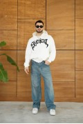 Erkek Kapüşonlu 3 İplik Şardonlu Önü Baskılı Fermuarlı Oversize Sweatshirt - Beyaz
