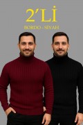 Erkek Fitilli Kazak Tam Boğazlı Balıkçı Yaka Triko 2'li Set Bordo-Siyah