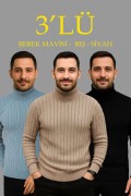 Erkek Fitilli Kazak Tam Boğazlı Balıkçı Yaka Triko 3'lü Set Bebek Mavisi-Bej-Siyah