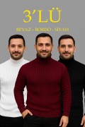 Erkek Fitilli Kazak Tam Boğazlı Balıkçı Yaka Triko 3'lü Set Beyaz-Bordo-Siyah