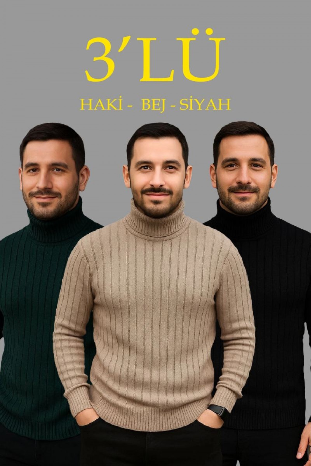 Erkek Fitilli Kazak Tam Boğazlı Balıkçı Yaka Triko 3'lü Set  Bej-Haki-Siyah