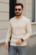 Erkek Fitilli Triko Kazak 3'lü Set Bej Gri Siyah Bisiklet Yaka Regular Fit