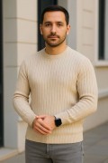 Erkek Fitilli Triko Kazak 3'lü Set Bej Gri Siyah Bisiklet Yaka Regular Fit
