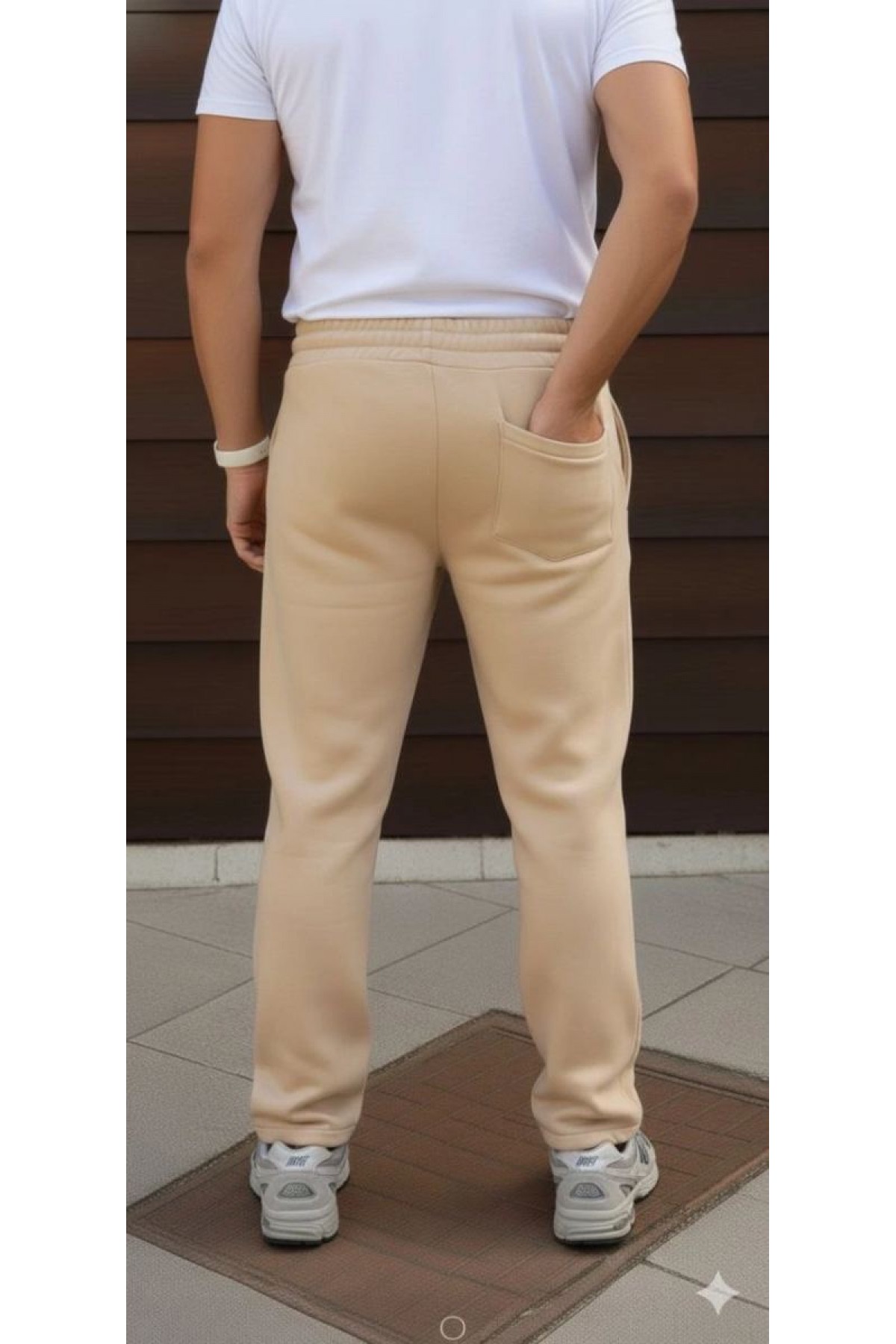 Erkek 3 iplik Kışlık Pamuklu Oversize Bağcıklı Düz Paça Cepli Eşofman Altı Pantolon - Bej
