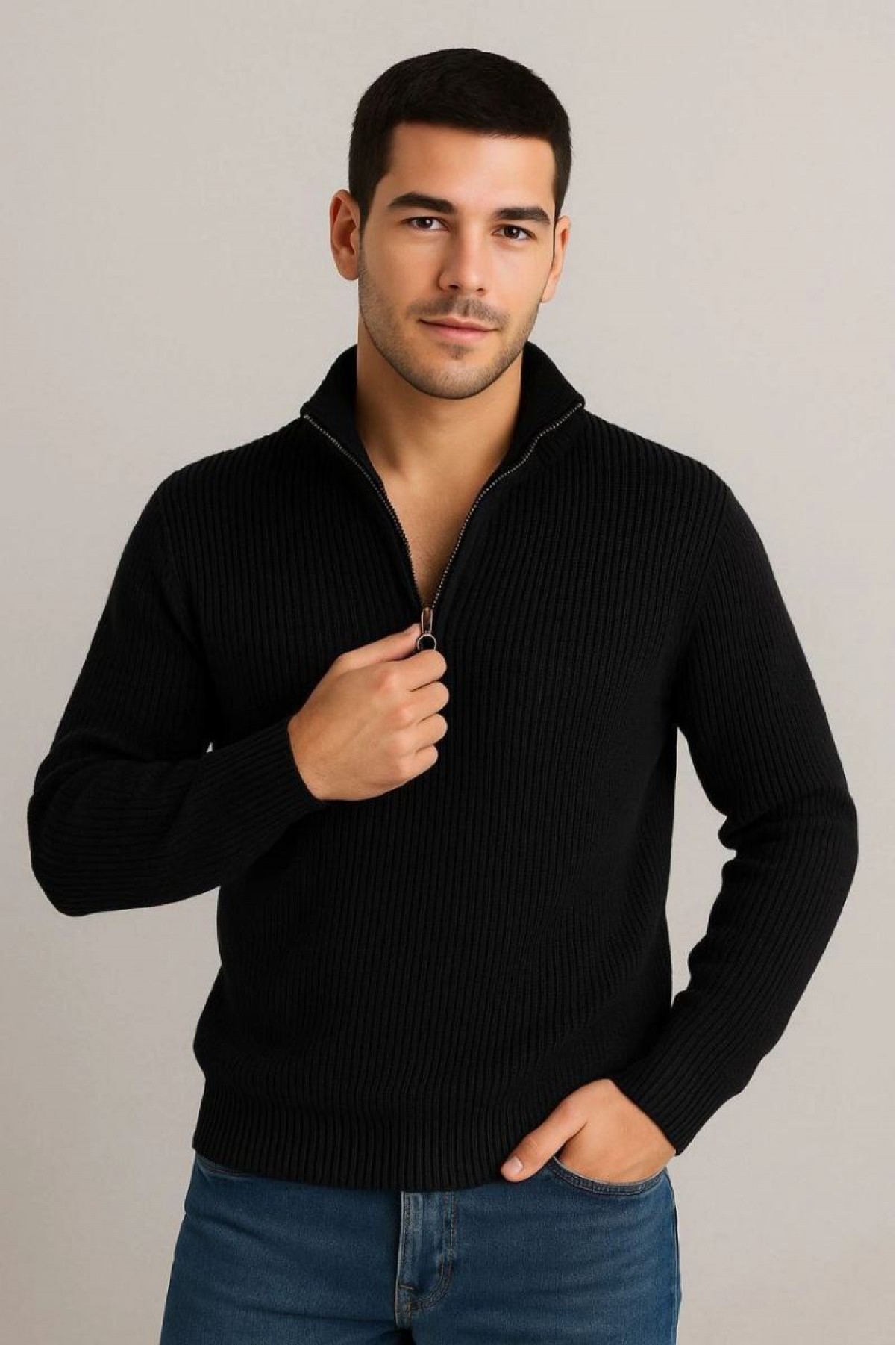 Erkek Fitilli Triko Kazak 2’li Set Mint Yeşili Siyah Kalın Dokuma Pamuklu Regular Fit V