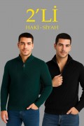 Erkek Fitilli Triko Kazak 2’li Set Siyah Haki Kalın Dokuma Pamuklu Regular Fit V Yaka